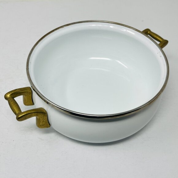 Vintage 1.5qt 6-Cups Bon Chef White Enamelware Pot & Lid w/Brass Handles Serving - Picture 7 of 12